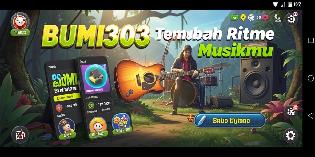 Tampilan gameplay BUMI303 dengan alat musik virtual yang menarik.
