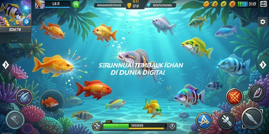 Tangkapan ikan berwarna-warni dan senjata canggih dalam gameplay Tembak Ikan.