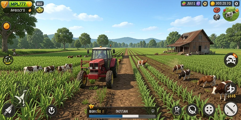 Gameplay MPL777 menampilkan ladang yang indah dengan tanaman subur dan hewan ternak.