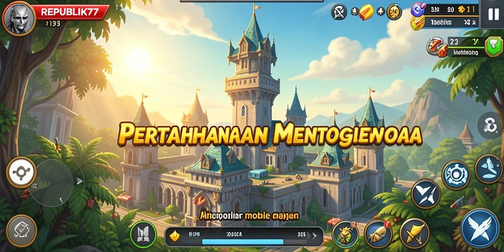Screenshot REPUBLIK77 menampilkan gameplay menara pertahanan yang seru.