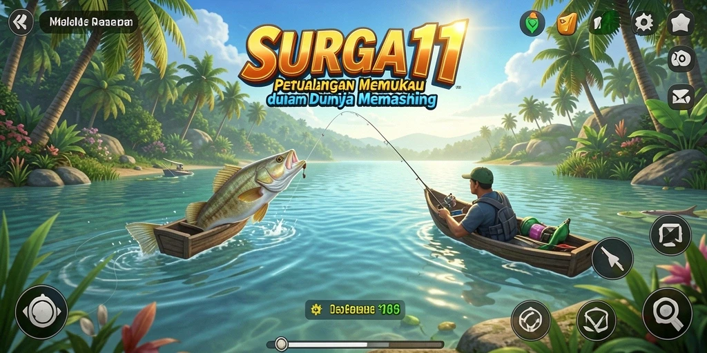 Screenshot menunjukkan aksi seru memancing di <strong>SURGA11</strong>, dengan latar belakang alam yang indah.